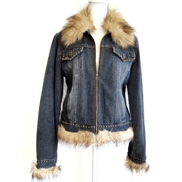 giacca Jackets & Blazers - Giacca Fur collar studded Denim Jean Jacket Large